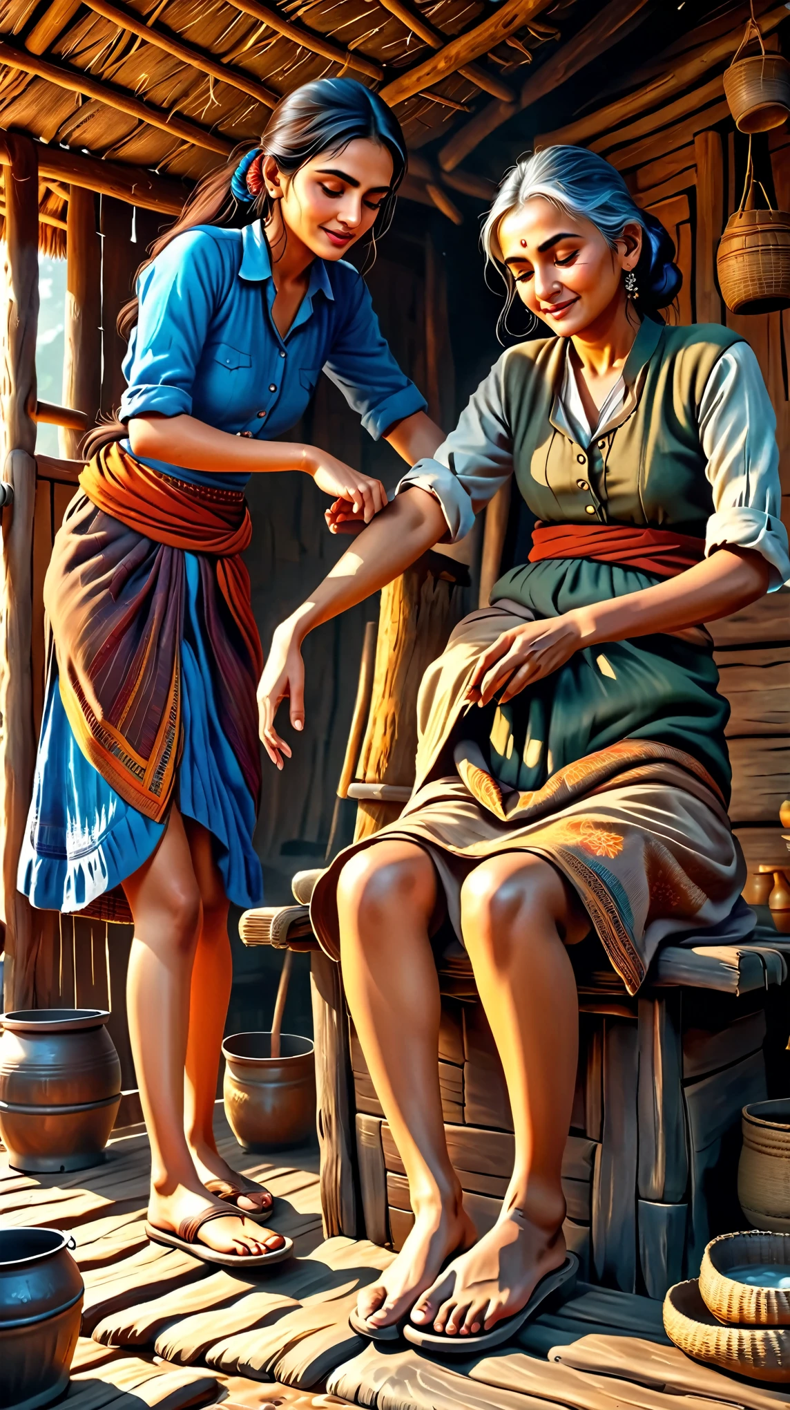 Dynamic photo of a ugly , bad looking girl(aiswarya Rai) is massaging the feet of an old man, in a hut, at a village, realistic cinematic style, 4k ultra HD quality in 3D