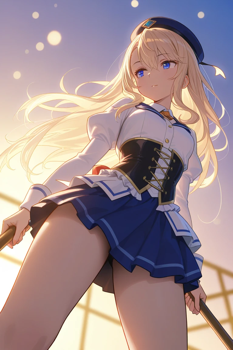 1girl,solo,long_hair,blonde_hair,elbow_gloves,underwear,striped_thighhighs,white_gloves,evil grin,navel,yellow eyes,highleg_panties,black_panties,anchor_hair_ornament,blush,school_uniform,crop_top,sailor_collar,hairband,hair_ornament,serafuku,miniskirt,pleated_skirt,blue_skirt,sleeveless,bare_shoulders,hair_between_eyes,grey_footwear,microskirt,midriff,neckerchief,collarbone,(from below:1.3),(skirt lift:1.5), ((skirt grab:1.3)), (Skirt that rolls up:1.3),(Fully exposed panties:1.5) ,panty shot,masterpiece,Noise Reduction,perfect anatomy,high resolution, ultra-detailed, ultra-detailed face,game cg,dutch angle ,beautiful detailed eyes,visualart,five fingers, perfect hands, perfect lighting, sparkling pupils,