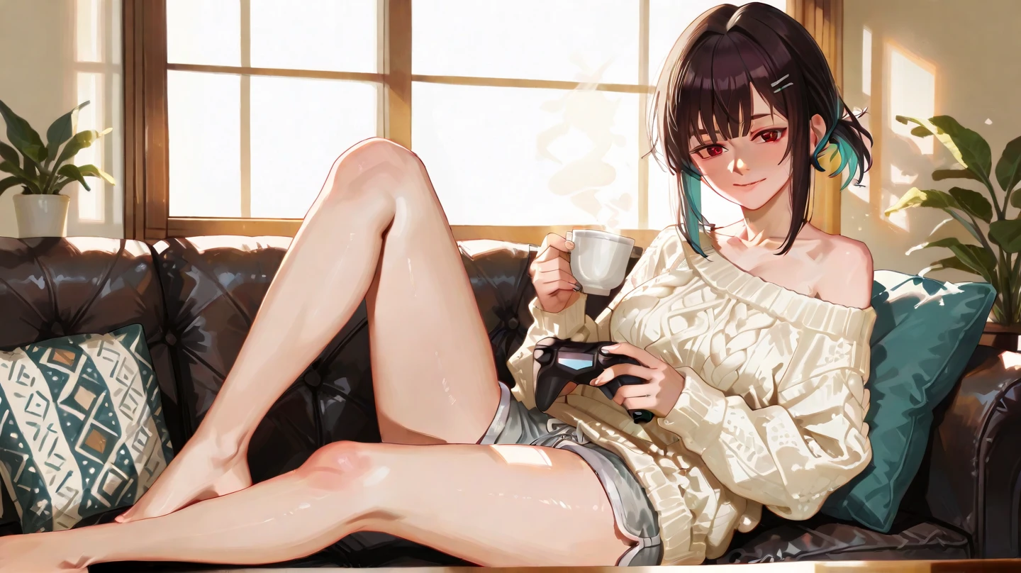 Girl sitting on the sofa drinking hot coffee,Snow outside the window,The quilt on the bed is very soft,girl wearing white sweater,style of anime,Slender thighs,white legwear,