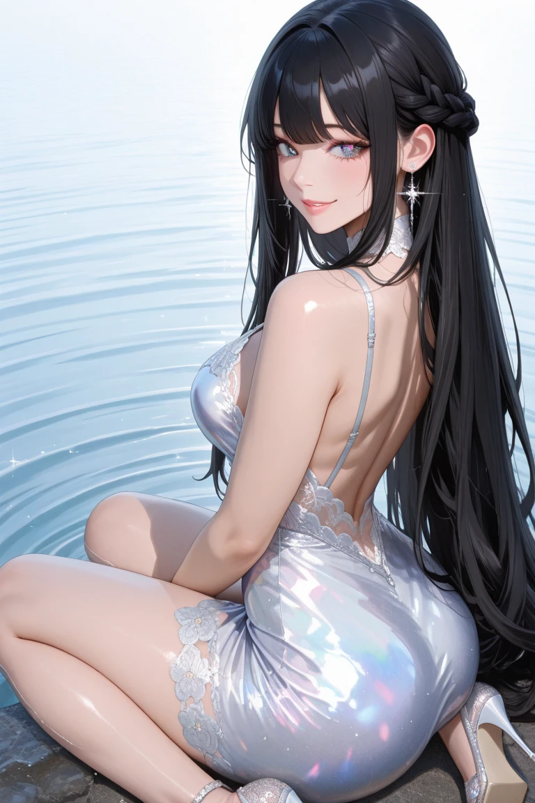 Female idol covered in milk（Cute swimsuit）、Reluctant、full body Esbian、Semi-long hair with black hair、Idol face、Black swimsuit