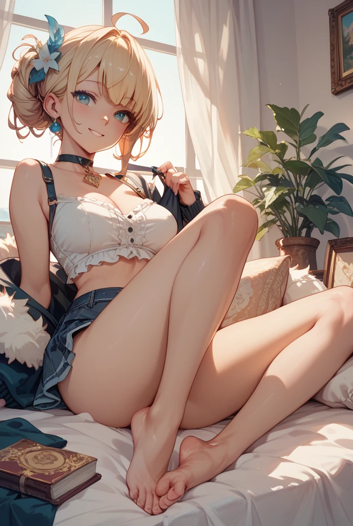 melancholy lighting, quiet, calm, brightness, masterpiece, best quality, 1girl, (JinxLol:1.2), (ultra photorealistic:1.3), (masterpiece:1.4), best quality, ((realistic)), high quality, ultra detailed, ((real image)), ((realistic skin)), ((realistic face)),(illustration:1.05), (beautiful:1.05), (beautiful detailed eyes:1.05), (cinematic light:1.1), full body, precise proportions, 18-year-old girl, skinny model lying next to the bed, BLONDE hair fluttering in the wind, tulle, long legs, feet slightly open, buttocks, blush, shyness, collarbone, abdominals, double weave, beautiful and delicate face, fair skin, real skin, (face detail), pores, super high resolution, 8k, parameters Best quality, masterpiece, super high resolution, (Realistic 2.0), More details, detailed skin, transparent panties, wide smile, white teeth, full hair CURLY BONDE voluminous, perfect and well designed eyes, Girlfriend, Beautiful, Beautiful, Flowers, Studio Lighting