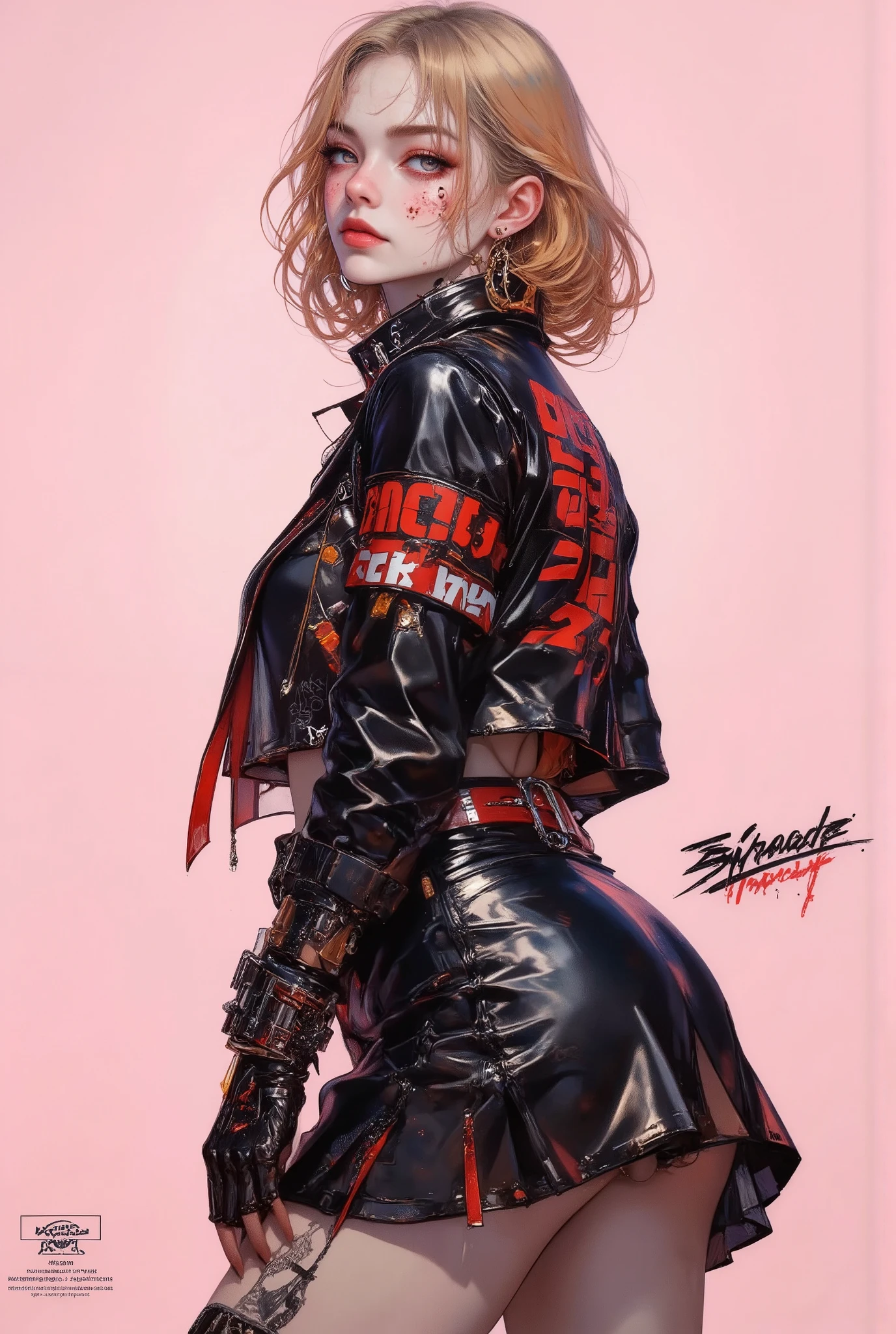  anime girl with blond hair and a baseball cap eating a candy,  she is in profile and looks at the camera with a complicit look ,  wears a black leather jacket with a raised collar of the jacket  , with letters in red and white ,  a black leather skirt with a wide red and white belt ,  Top blanco, collar,  earrings with rings  ,  gloves with her bare fingers  , soft pink background ,cyberpunk anime art, cyberpunk anime, cyberpunk anime girl, digital cyberpunk anime art, female cyberpunk anime girl,  Anime Style artwork , cyberpunk anime girl in hoodie,  cyberpunk digital art - anime , cyberpunk urban clothing, cyberpunk art style, E - Chica,  electronic girl ,  artwork in the style of Guweiz 