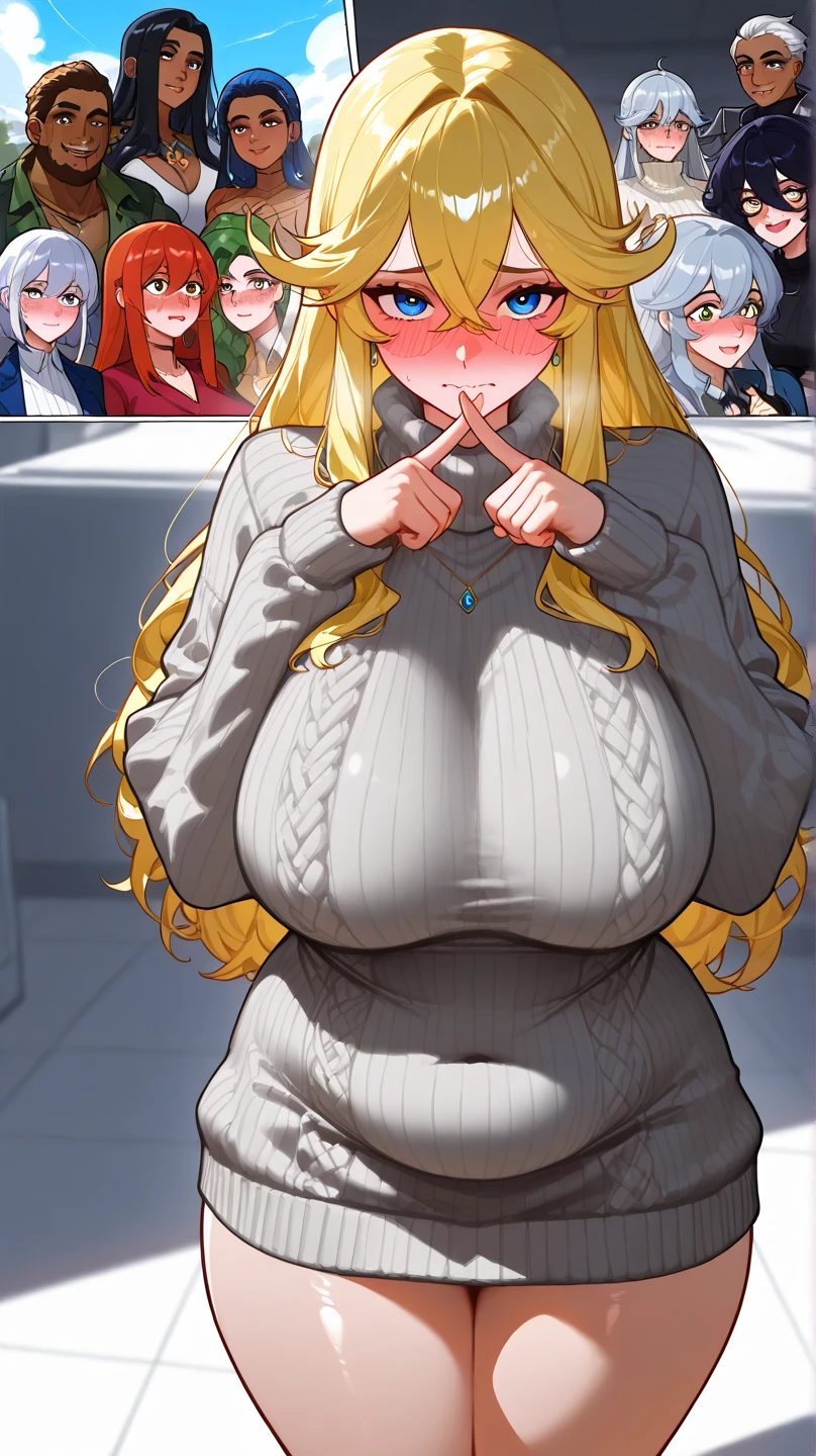 masterpiece), best quality, expressive eyes, perfect face, dark art, grey eyes, black sweater, long skirt, purple skirt, brown jacket, large breasts, bangs, blonde hair, karin funger, low ponytail, posing, silly posing, silly girl, posing, cute