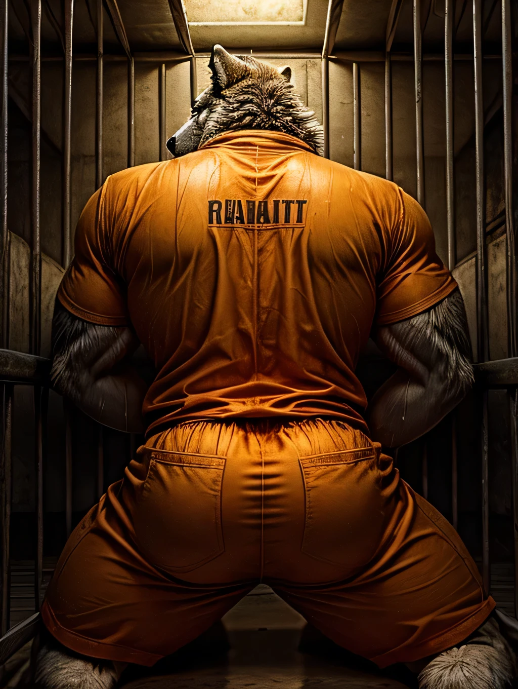 wolf, male, sweating, semen, realistic,  (full nude, Solitary confinement, Prison orange uniform, jail,) prison, massive body, bowing, turned around, show his  big fat ass