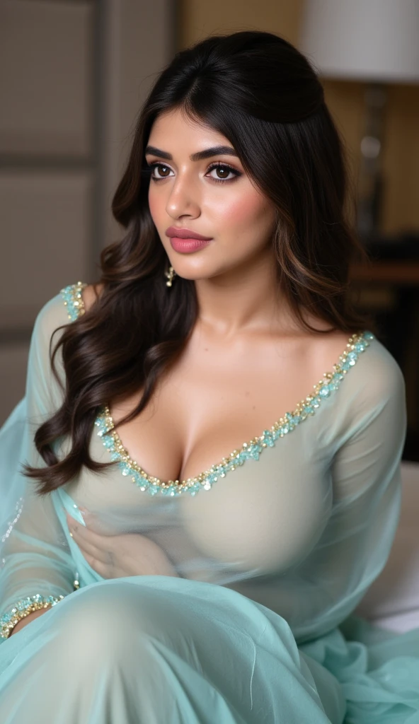 Russian girl 15 year old, mix gold Braun hair blue eyes thick chubby smiling face white skin, masterpiece, (best quality:1.2), [:intricate details:0.2], fair glowing skin , angel face ,  round face ,big  deep cleavage, paf bun hair style, lipstick  , wearing  black lacey suut dupatta salwar , red bangles in hand,