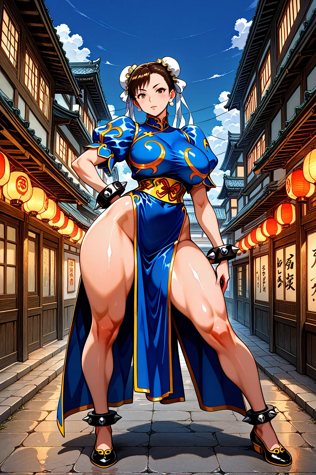 Chun-li, 40_years_old, mature looking woman, A MILF, (1girl in), Solo:1.4, (In blue and gold cheongsam_Photo embroidery pose, cleavage, Brown Leggings, fundoshi) portrait of chun li, (brown_Eyes, Short_hair, brown_hair, Double_Bun), oppai, oppai proportions, ultra realistic anime, goddess of Japan, Highly detailed, Large_breasts, cleavage, nipple contour, Shiny skin, Perfect body, Perfect face, hyperrealistic full figure