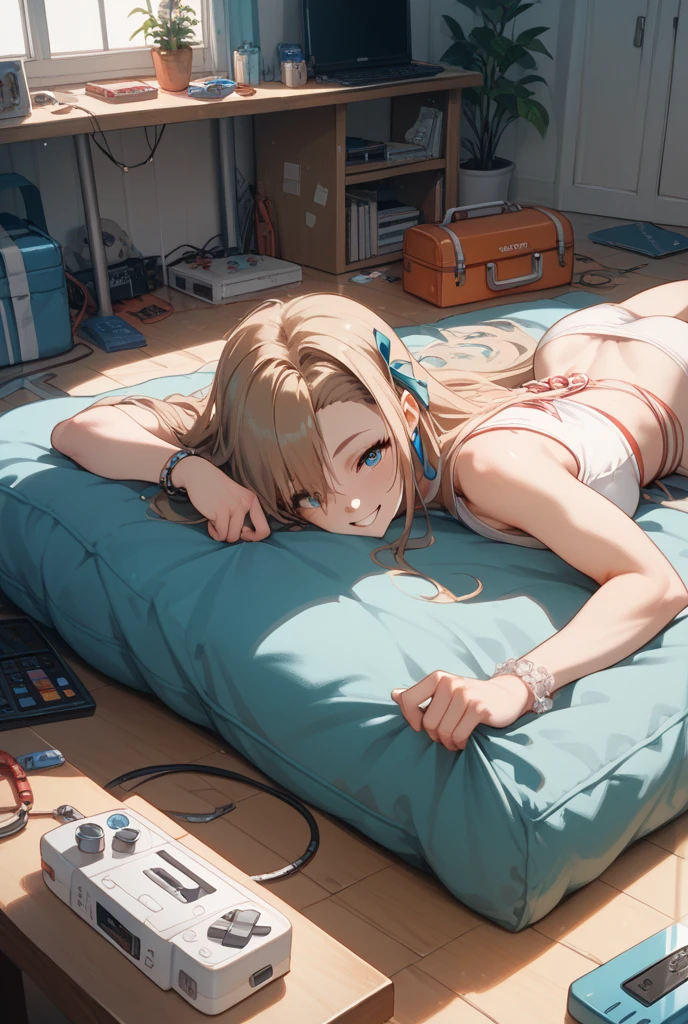 [curly brace], [uploaded to e621.net: (wamudraws), (napalm_express)], ((masterpiece)), ((HD)), ((High quality)), ((front view)), ((solo portrait)), ((cute)), ((anime)), ((detailed shading)), ((beautiful render art)), ((intricate details)), {android; (white robotic skin), (cute half-closed green eyes), long blonde hair, short eyelashes, (expressionless), (gorgeous hips), (beautiful lips)}, {(red tank top), (midriff), (cleavage), (red lounge shorts), (green antenna on ears), (green thong straps on hips)}, {(on couch), (head on pillow), (looking at viewer)}, [Background; (living room), (window), (starry sky), (ambient lighting)]