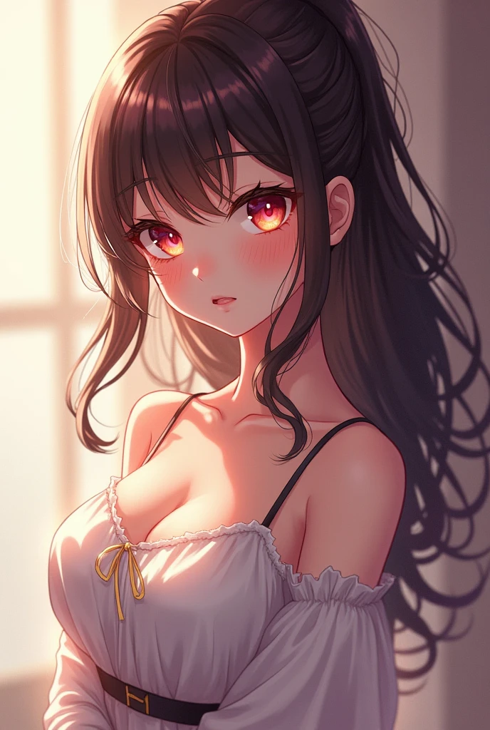 1girl, Long Hair, Looking at viewer, , Blush, Smile, Brown Hair, Simple background, High Resolution, Large breasts, Embarrassed, Heavy Breathing, Licking Lips, Multiple Views, 3D Isometric, Cinematic, Anime, nude
