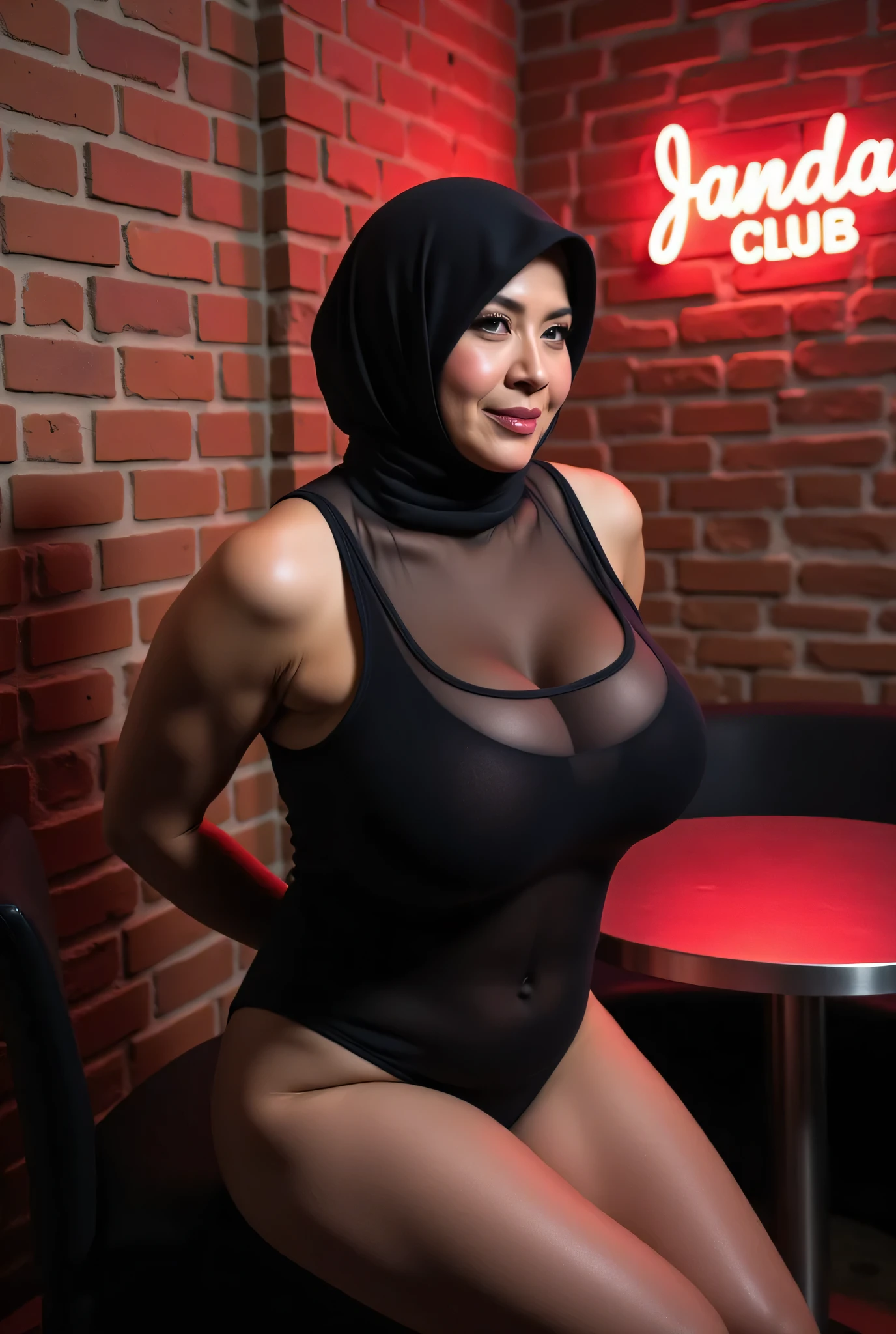 52 years Old, ((Sugar Mama)), ((Beauty Hijab Indonesian Mature woman)), ((Sensual lips)), wet Oily Tanlined through, ((Large Tits)), 196 Inches , Tank Top, Fitness Pants, ((Nailing Polish)), Face full of Make up, Full body, Realistic Detailed Perfect abs, at Gym, Dark light, at Day time, Standing.