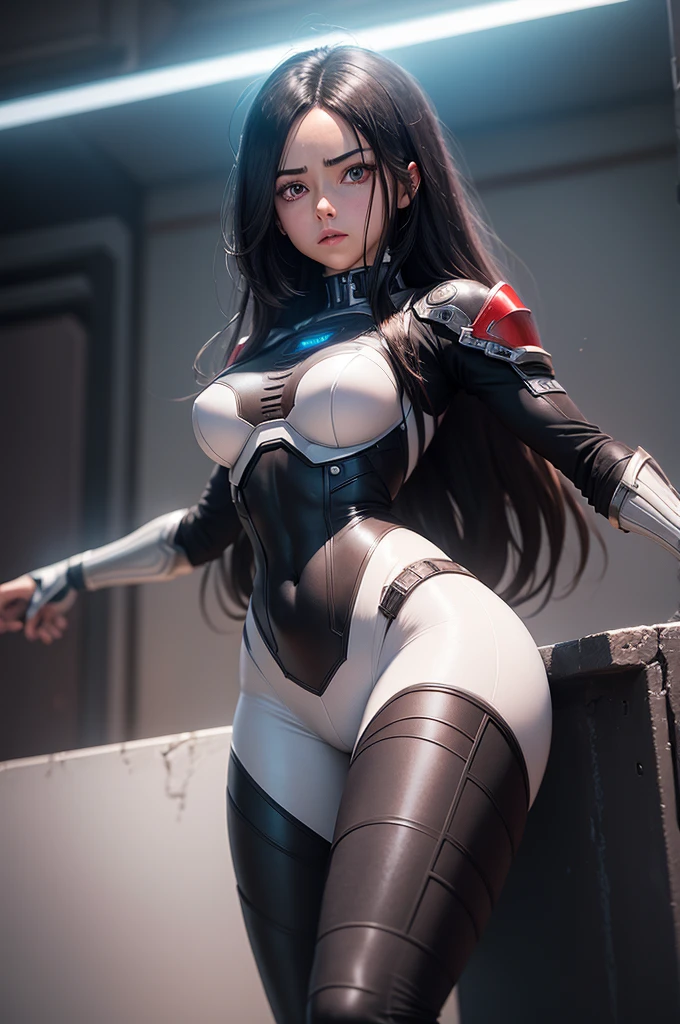 (create a full-body image from head to toe),((Luana/Woman, with large breasts, black with white parts/kamen Rider/Ultraman/futuristic/transparent cemi costume, with blue jewelry on the breastplate of the suit,/extremely tight on the body)). In a futuristic city with heavy rain charged clouds in the night sky. Luana has ((short green hair with clips, blue eyes)), her hair and her clothes are extremely soaked, she is staring at the viewer, smiling. red cheek, front, anime, anime style, mortal kombat, 16k, UHD, best quality, high quality, award winning, anatomically correct, masterpiece