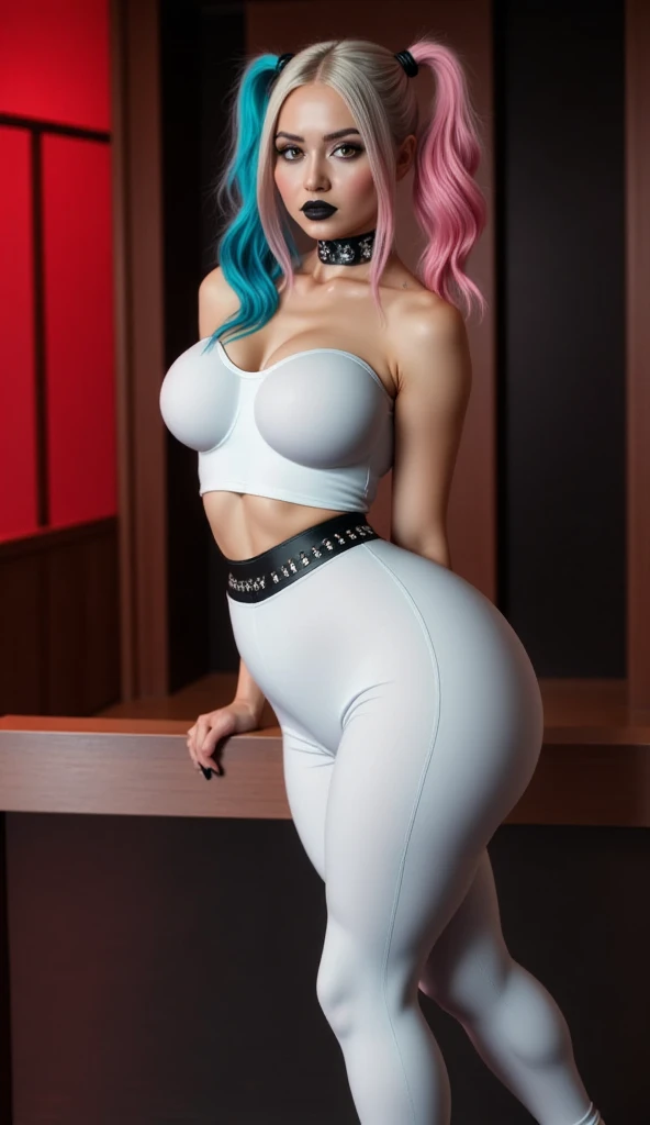 1 femme asain, orgasm face,short white hair,colossal tits,big titietra,big round ass,colossal ass,narrow waist, Wide hips, thick thighs, blue eyes, bedroom, bodysuit is white,knee-high socks with a black stripe,high-top sneakers,stands on four steps,choker,glasses,smoky eyes,makeup, ((Best quality at best)), ((hyper realisitc)),(full body:1.5),big lips,side view ,tight long skirt,blouse ,detailed face,sporty style,nipple piercing,nose piercing,tattoo
