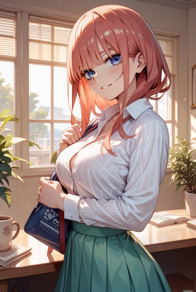 (masterpiece)1 girl, Maki Nishikino、Otonokizaka Academy uniform、highest quality, expressive eyes, perfect face, upper big body, smile, blush, wearing a wet office shirt, indoor, Day, simple background, lie down, looking for , bright sky, looking for at viewer, stage, moody lighting、very big breasts、cleavage、nipples are transparent、A lot of milk comes out from the nipples、Breast milk squirts out of the nipples、put the chest on the tray、standing position、whole body、mini skirt、Detailed female genital shape clearly visible、黒いパンスト