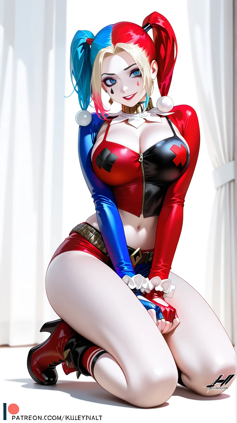 Harley Quinn (crazy make up, sexy small outfit, guns, pet hyenas), is posing crazy and sexy (blowing kisses) near her Joker themed throne in a 'Fun House of Death'
