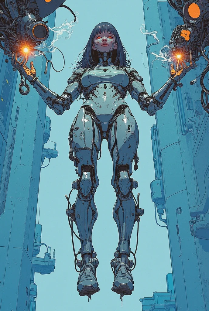 translucent skin, bone, spine, mechanical parts, white skin, blue skin,   1girl, blue eyes, grey hair, long hair, hair ornament, black hairband, green thighhighs,, absurdres, ultra detailed, masterpiece, best quality, aesthetic, detailed,