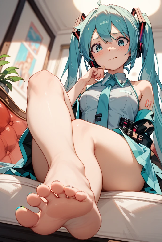 ((masterpiece))((sfw))
(best_quality)(1girl)
(fisheye) (facing_viewer)(from_above)(angle) (close-up)
(blurry_background) (depth_of_field)
(gaming_room) (gaming_chair:1.4)
(messy_room)(otaku_room)
<lora:ainoku_HatsuneMiku:0.25>
(Hatsune Miku) (twintails)
(medium_breasts)
(skindentation) (thick_thighs)
(blush) (light_smile) (smile) (blue_eyes:1.4) (detailed_eyes)
(legs_up) (sneakers:1.4) (black_legwear) (arms_behind_head) (knees_together_feet_apart)
(yoga_pants)(arm_support)(wariza)