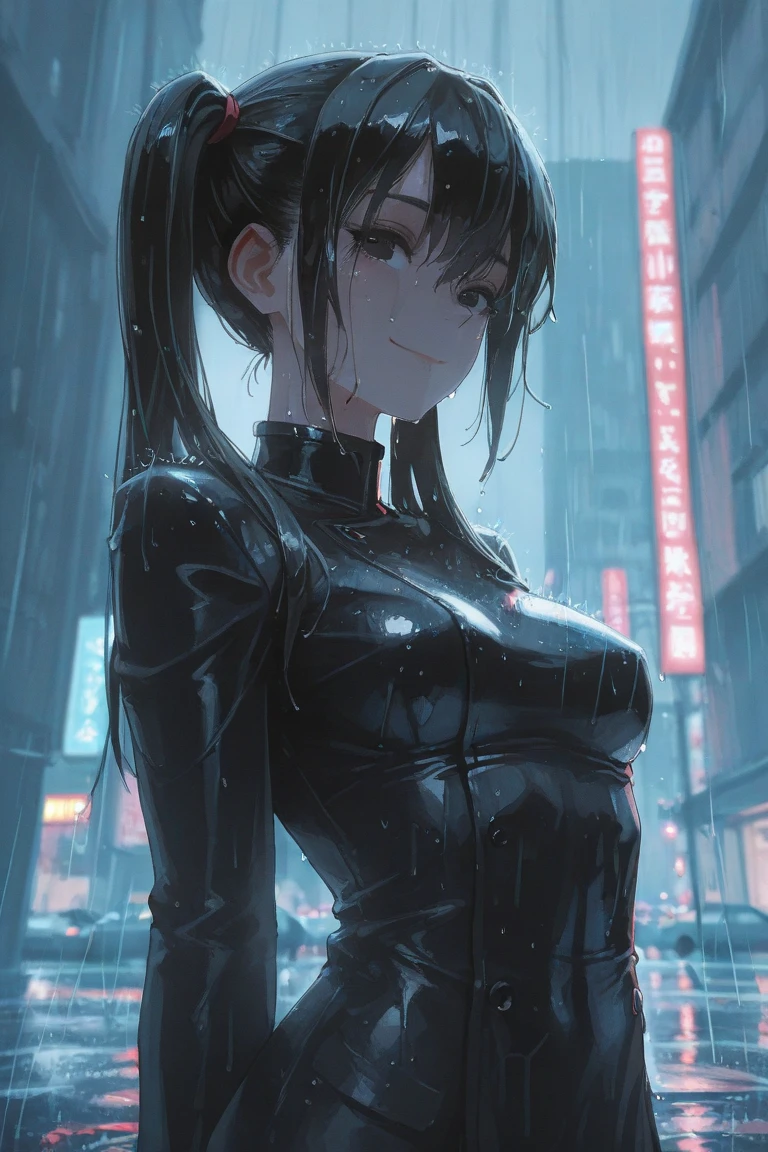 highest quality、complete limbs、full finger、black haired woman、medium hair woman、Beauty busty woman:1.3、(A woman wearing a navy blue one-piece long-sleeved school swimsuit:1.5)、(((woman wearing black tights:1.5)))、big smile、street tree、it's raining、(wet texture:1.3)