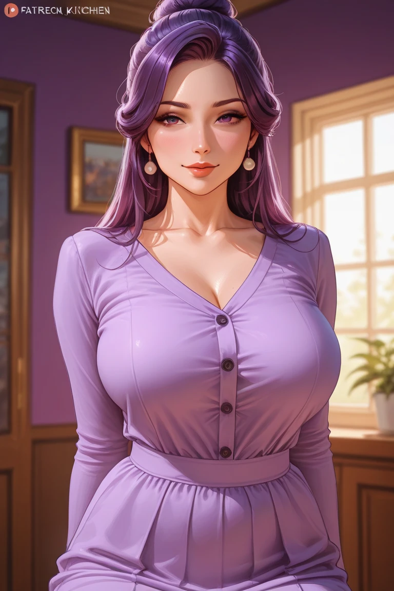 1girl, mature female, milf, garden, narrowed eyes, looking at viewer, hand on cheek, hair flower, blush, smile, parted lips, purple hair, jewelry, eyeshadow, purple nails, sundress, cowboy shot, long hair