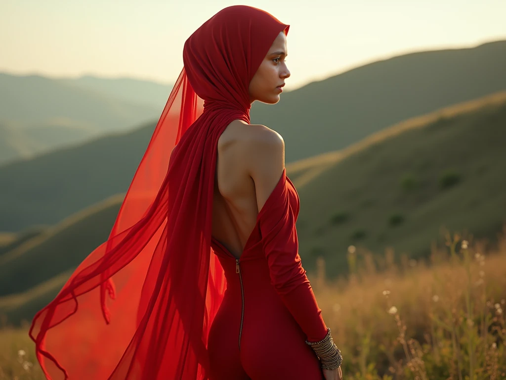 a woman covered in red satin cloth, mummified in satin, tied tight in satin, shape like mermaid gown, tight in leg, wearing a satin hijab, the satin is very long, forming the curve of the body,dramatic flowy satin,strugle to move,full body, wear high heel, strugle to walk, masterpice, flowy satin blow by wind,4k resolution, ultra-realistic, highly detail, great lightning.