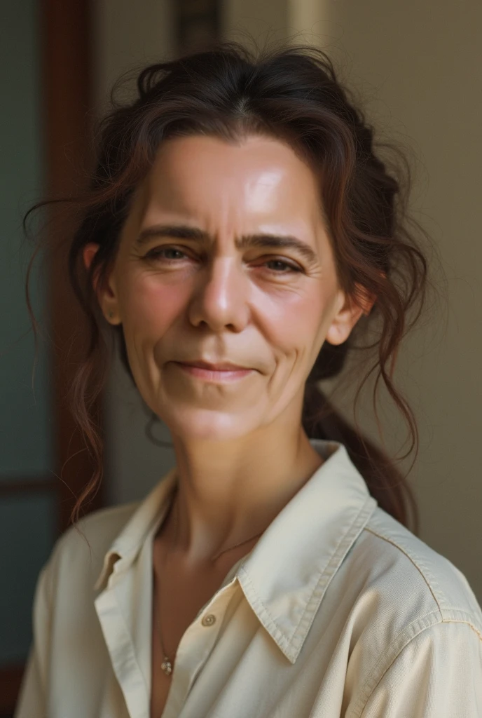 there is a woman with glasses and a black button shirt smiling, this person does not exist, the look of an elderly person, 60 years old , mature facial features, louise dalh wolfe-virginie roaperarthe jonkers merged, entire body visible, full body, hyperrealistic, best quality, 8K, masterpiece, extremely intricate, detailed eyes, detailed face, detailed body, exaggerated features, pronounced features, fujifilm