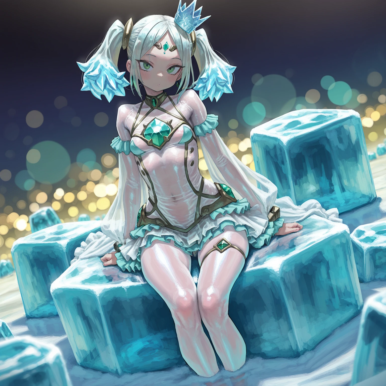 (whole body image of an ice elf:1.2),(Lying on a plush bed),whole body, Medium length elven ears, Pointed Ears,Around the ice, Frosty Theme,exotic poses, Captivating body, Lie, (In a sexy pose,Show me your nice ass:1.3),( 輝く黄colorい目:1.2), A light smile,Sexy Russian costume, blue crystal jewelry, Ice blue glowing tattoo,detailed,Realistic,4K High Definition,Mappa Studio,masterpiece,Highest quality,Official Art,figure,Clear lines,(nice_color),Perfect composition,Fantasy,Concentration,The rule of thirds,5