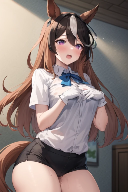 1girl ,20s,mature female,angry face,white shirt,short sleeves,(black standard tie),black school skirt,red hair,long hair,fox ears,(classroom),cowboy shot