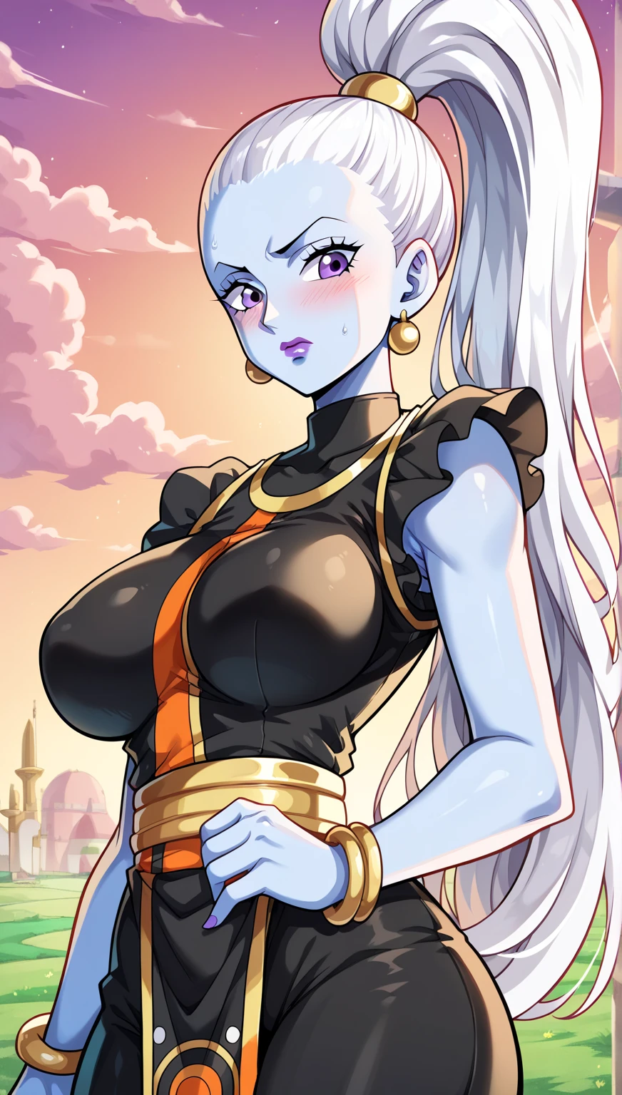 (((Whis, 1 chica))), (((Fondo borroso))), (((Mostrando la parte superior de su cuerpo))), (((Pose de modelos sexy))), (((Cabeza hueca))), (((Cabello largo y color blanco, ojos morados, labios hinchados, labios pintados, labios gruesos, Caderas anchas, muslos gruesos, culo enorme, Cabeza hueca face, enormes enormes pechos naturales, piel color azul claro, Usando un bikini y un brasier, pechos colgantes))), (((Sonrisa))), (((giant sagging breasts:1.8))).