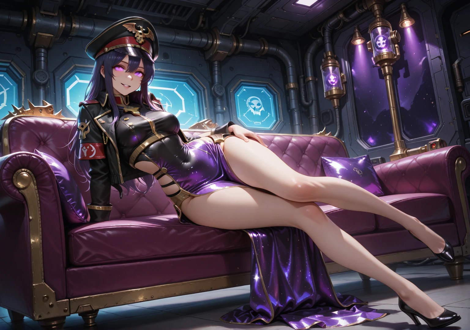 Fan Qi, league of legends splash art, big breasts and exposed breasts a detailed painting, sots art, 1girl, ((big breasts:1.21)), cleavage, short hair, looking at viewer, (((indoors:1.33))), purple hair, standing and 2 hands drop down, sky, soaking feet, a slim navel, full body, (masterpiece, best quality:1.5),