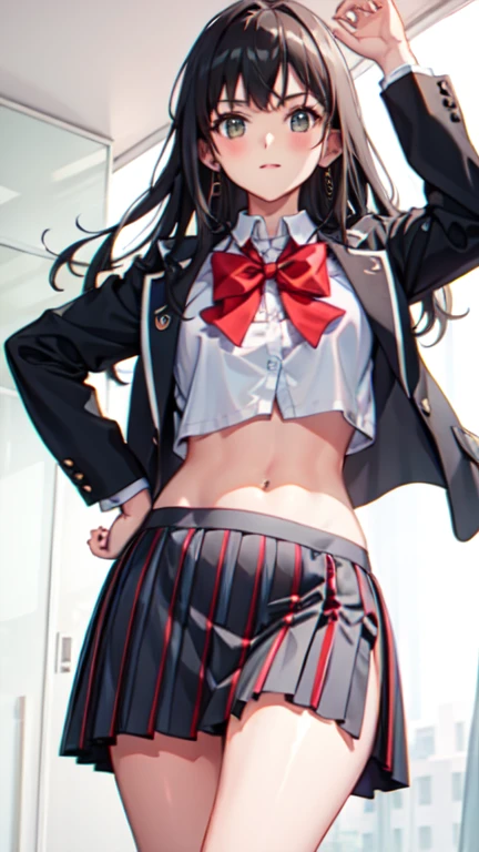 A masterpiece、beste-Quality、Ultra-detailded、Realstic、hyper detailled、(perfect anatomy)、1girl、solo、black hair、ahoge、blue eyes、slender body、((small tits))、((small buttocks))、Embarrassed blush、gleaming skin、(transparent polyvinylidene chloride)、(((Sheer)))、((see-through school uniform)、plaid skirt、red bowtie)、(see-through thighhighs)