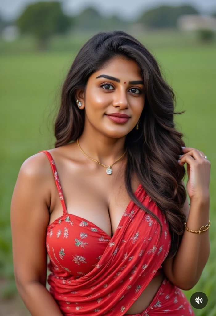 a 26 years old beautiful face cute sexy Indian girl, curvy figure, beautiful different colorful covered design strapless blouse indian ancient saree, big huge breast, big breasts with bra, different hairstyle, bright eyes, thin eyebrows, fair skin, blushing cheeks, head to thigh view, smiling face, Kamasutra expression, Straight front view standing beautiful different village river side rock background, ultra realistic, head to thigh view, black hair, Provocative eye Contact, glossy lips, attractive eye contract face, oval cleavage, sunlight effect