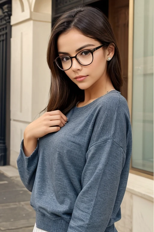 Create Euro Asian model mix of Russian and Japanese with blue eyes. A modelo tem q ter aspecto realista, tamanho medio de 1.73m, sorridente com brilhos nos olhos, cabelo comprido de cor castanho escuro. A modelo deve ser na idade de 21 anos, wears glasses. A foto de fundo deve ser de noturna e com ceu estrelado. A roupa da modelo deve ser de inverno.