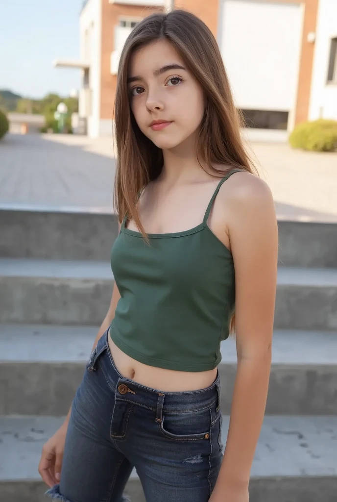 A 10 year old girl with medium length black hair, children's pigtails hair, Caucasian facial structure, a beautiful smile on her face and a deep look, blue crop top, small skirt, bare shoulders, she in a dark alley,