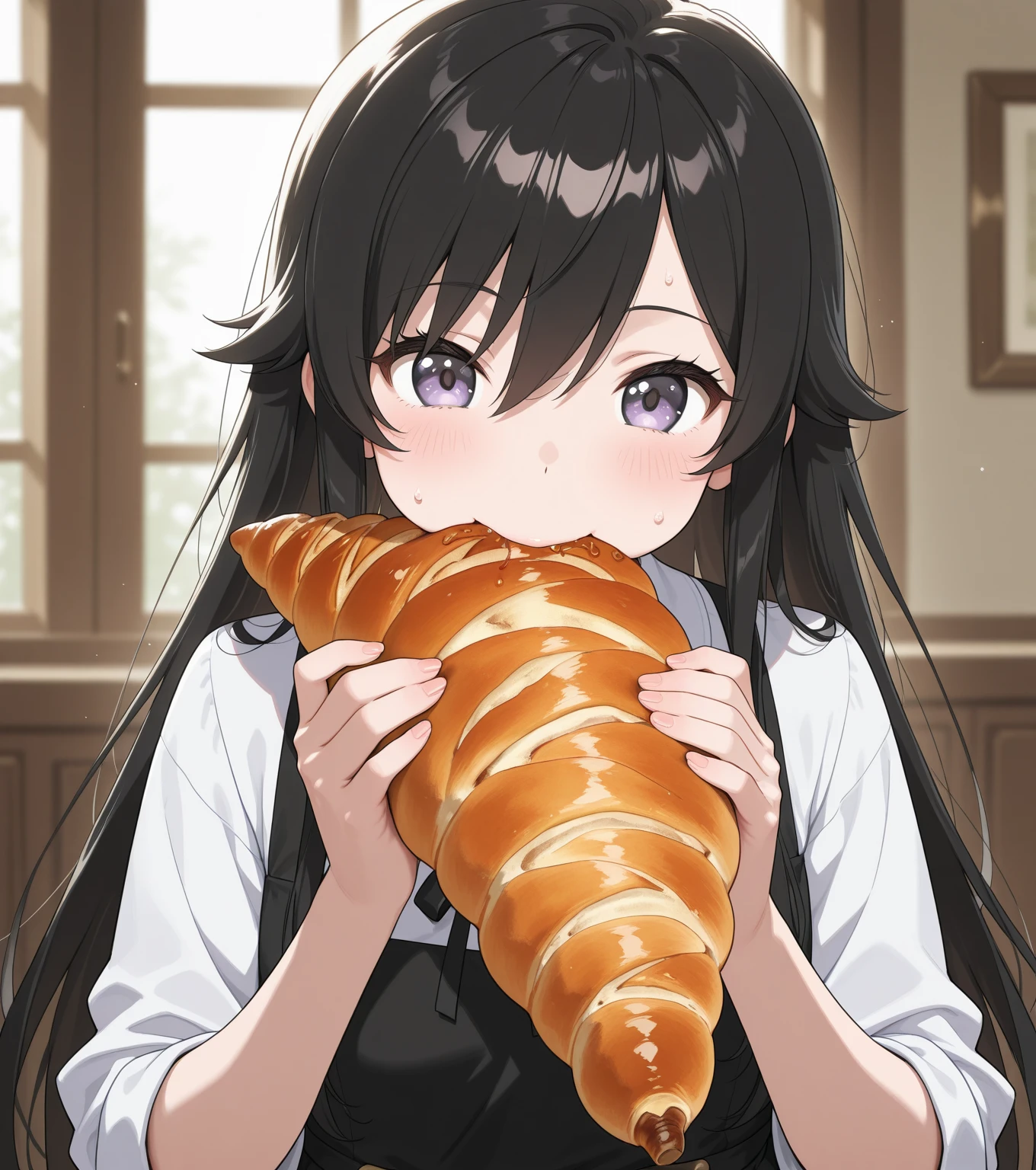 ((Obra maestra, La mejor calidad, ultrahigh resolution)), ((masterpiece)), expressive brown eyes, 1girl, standing, dark blue hair, school uniform, ((toast in mouth, bread in mouth, eating bread)), (outside), (happy)