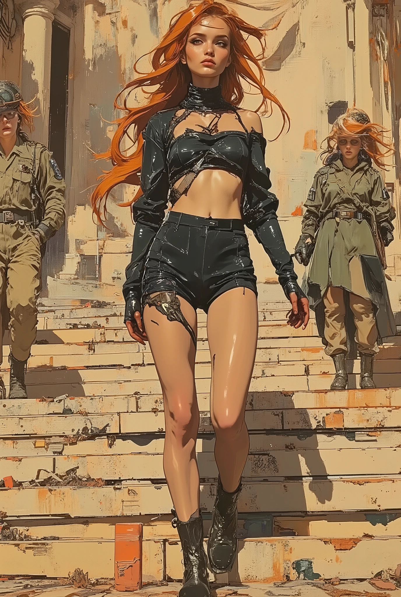 (small breasts, tomboy girl, small head, pale skin, freckles,realistic)), daylight, sunlight, ((small breast:1.4),(perky breast: 1.6),(slender:1.2)(skinny: 1.0),(athletic:0.9),(toned abs: 1.4),(tall; 1.3)), (perfect body: 1.1), (long wavy hair:1.7), orange hair (braids:1.2)(orange hair:1.4), upper body zoom, nude shoot (nude:1.8), thick eyebrows,dynamic posture, nude, casually, (looking away:1.2),(spread legs:1.4) on a stone floor covered with water on a desert ruins (high contrast between sunlight a shadows), (very detailed CG 8k wallpaper), (extremely delicate and beautiful), (masterpiece), (Best Quality: 1.0), (Ultra High Resolution: 1.0), Beautiful Lighting, Perfect Lightning, Realistic Shadows, [High Resolution], Detailed Skin, Super Delicate, (thigh gap:1.6),(thick thights:0.8), leather chocker, (wet body, heavy breathing, blushed) beautiful redhead, freckles, soft face, cute, small nose, sleepy eyes, thick eyebrows, orange eyebrows, narrow eyebrows, smile, realistic, high res, delicate and detailed