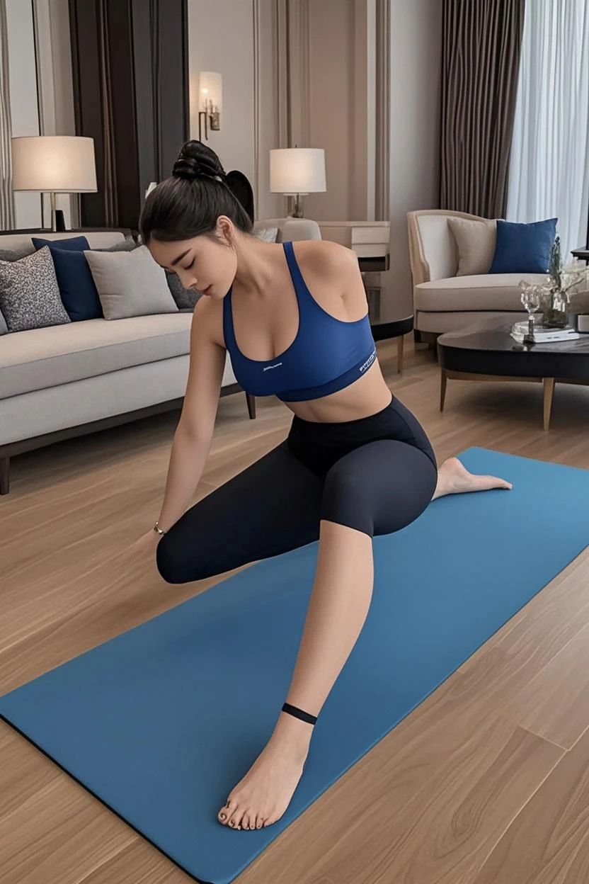 The image shows a 45-year-old woman sitting on a red carpet, the floor in a remote-controlled living room, sitting on the floor, sitting on bent knees, squatting pose, photo from the back, working out, photo from the back, from the back , from the back, back photo, side photo, workout, side portrait, inside photo, sitting cross-legged, back photo. She is wearing a blue sleeveless t-shirt, black shorts and sneakers. Her hair is tied up in a ponytail. The living room has white walls and a window that allows natural light to enter. There are two sofas visible in the background, one beige and the other red. The room appears to be a sitting area with natural light coming in through a window not visible in the frame.

She is wearing a blue t-shirt.

She is a beautiful woman, with white skin and dark brown hair. She is about 45 years old, 165 cm tall and weighs 56 kg. She has a perfect mouth, a perfect face. Her body exudes glamor and her face is a definition of beauty. Slender body, thin waist. Highly realistic, hyperrealism, very elaborate skin, perfect face. Clear photo, high resolution, high quality, masterpiece, 16K photo, high contrast, masterpiece, NUDE, NUDITY, NFSW.