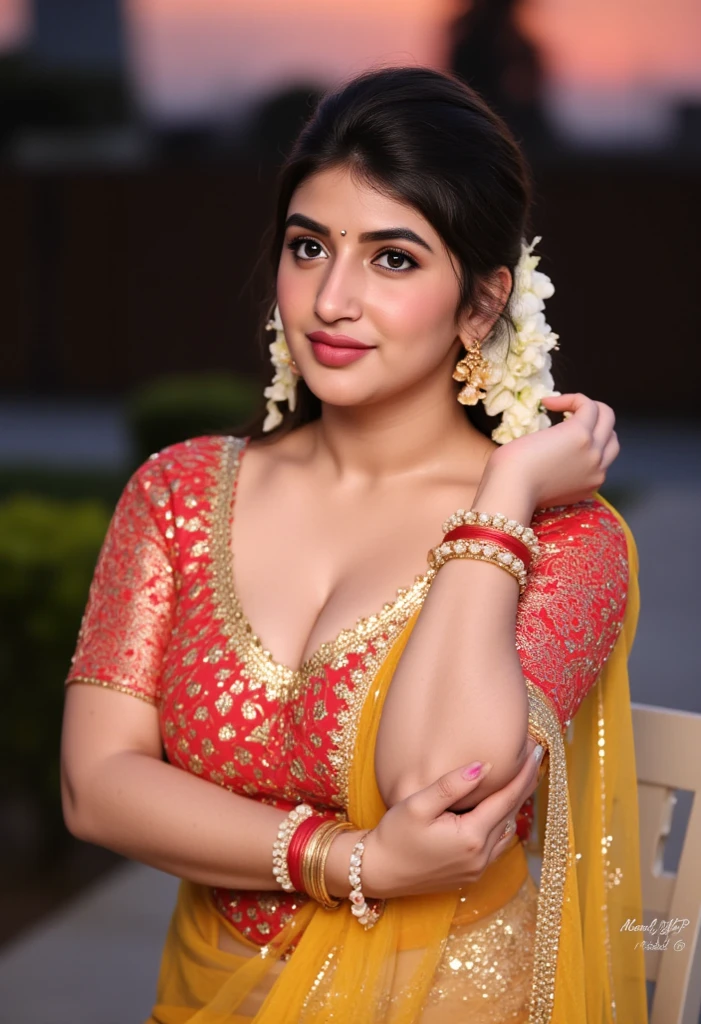 a captivating and realistic image of Jhanavi Kapoor dressed in a traditional Punjabi red salwar kameez, positioned just off-centre with a demure yet alluring smile, accessorized with a maximalist boombox-style peridot necklace, a pair of oversized golden hoop earrings, and diamond bangles delicately positioned on her wrists. The compositional depth brings out the excruciating detailing of her photorealistic makeup, tantalizing cleavage an extremely large, detailed, long and curvy navel, while still highlighting her fair, porcelain-like skin. The image invokes a dazzling maximalism of colors, achieved through a 44-2 58mm f2 lens, appointed with rich deep hues and striking winds ablaze in the scene. Expected outcome: Fantasy-like, exhilarating, provocative full body portrait capturing just the right balance between ethereal grace and bold sensuality
