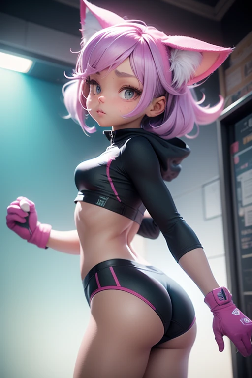 shorts, (bodysuit), (detached sleeves), pouch, (gray hair), (asymmetrical hair), (short hair), (multicolored hair), (beautiful detail hair), (blow hair), red eyeliner, beautiful woman, beautiful eyes, detailed beautiful shiny skin, cute, perfect skin, shiny skin, 20 years old, (small breasts), (outdoor), sharp face, (midriff: 1.2), (melancholy), sweat, wet, neon, cyberpunk, science fiction, (combat stance), (golden wire), (narrow waist: 1.4), viewer watch, (mechanical parts), rain realistic: 0.6, photorealistic: 0.6, (best quality), (high resolution), photography, (deep depth of field), (4K UHD), physically based rendering, soft light, Synemetics, (Manga: 1.1), (Various cluttered mess of backgrounds: 1.1), (Light particles), (Lush Detail), (Stunning), (Dynamic Perspective Shot, Medium Shot), (Sharp Focus), Colorful Light, Night, From Below, Darkness (Expression) Depressed. Wet naked, camel toe, harem, topless. semi-naked, cleavage,, muscles, cat ears