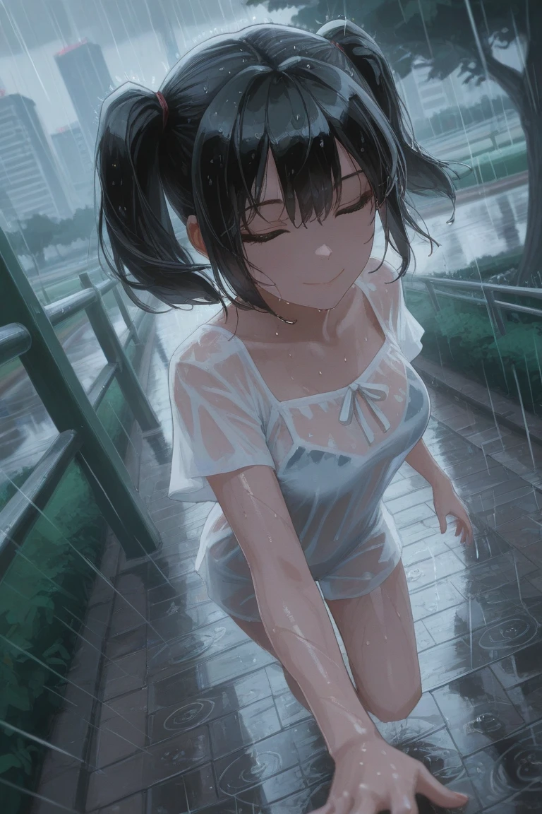 Very cute feminine guy ; thick brown hair to the shoulder blades; big brown eyes, long eyelashes; Almost flat chest; wet hair, humid, sparkly skin; thin white shirt from wet to see-through, The wet skirt sticks to the legs, you can see the lace panties;; Happy mood, Wide, joyful smile, laughter; Without umbrella; Oblique jets of rain are visible; Full-length photograph from a short distance, Anatomical realism, high quality textures, higly detailed