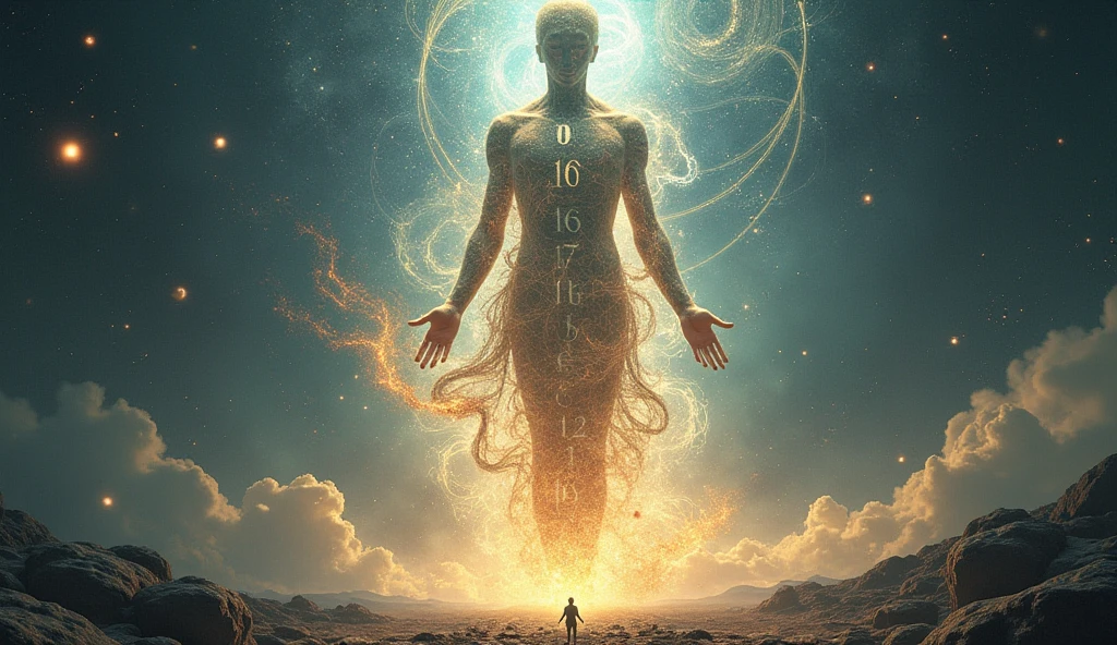 Image of a man with open arms in a position of worship, and his body is an image of DNA