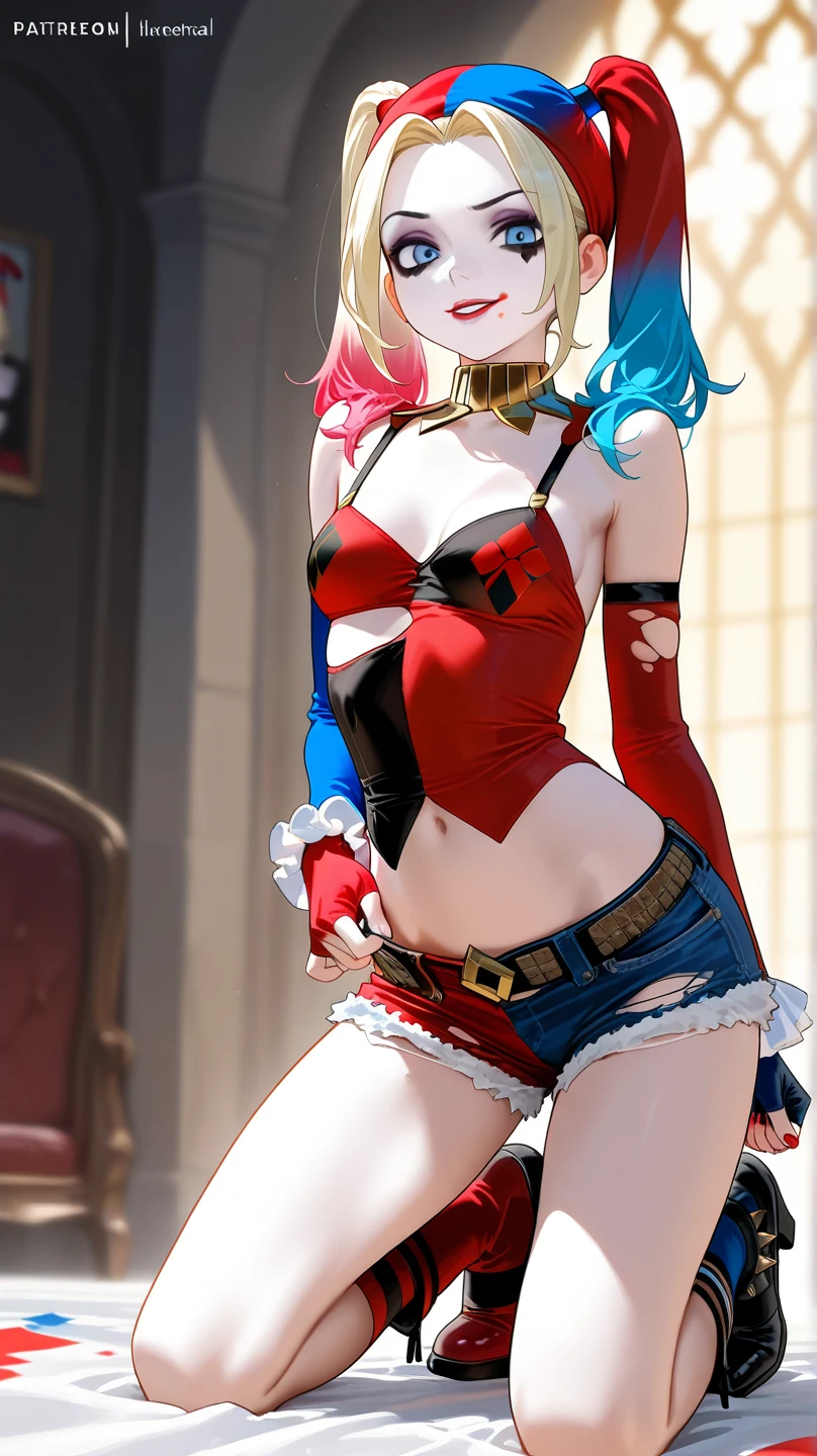 Harley Quinn, beautiful detailed face, beautiful detailed eyes, beautiful detailed lips, long eyelashes, surprise expression, looking over shoulder, sharp focus on her ass, detailed skin texture, tight fitting outfit, high heels, city background, vibrant colors, HDR, 8k, hyper detailed, photorealistic, cinematic lighting, dramatic shadows, blue eye