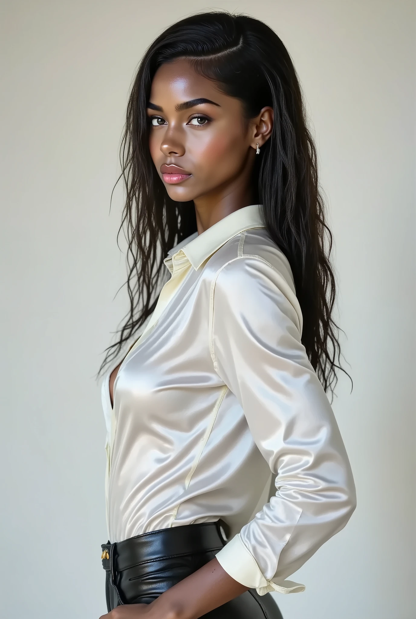  side profile image of Jyla West, bi-racial model with olive skin with a shiny white satin button down shirt, black leather pants, seductive, side profile, glance, white studio background