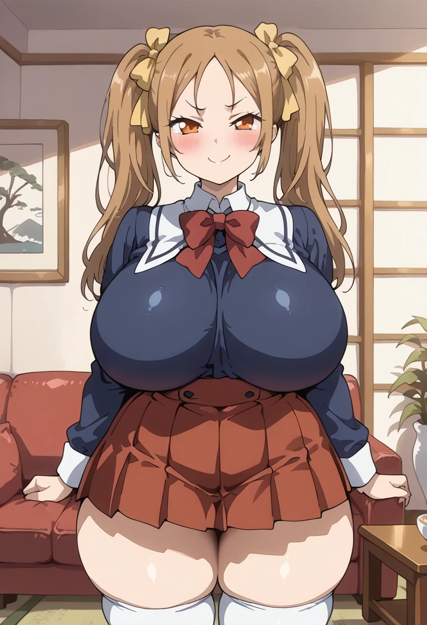 ((masterpiece, best quality, 4k)), 1girl, panty peek, huge breasts, pink eyes, long blonde hair, gyaru, arms behind back, manga, pink micro skirt, chromic aberration, detailed illustration, seductive pose, leaning forward, light smile, cleavage, tie top, pink bow tie, indoors, pink flowers, (thick lips), pink bedroom background, plant, window, light particles, (cute face), thick thighs, wide hips, realistic, from below, leopard print,