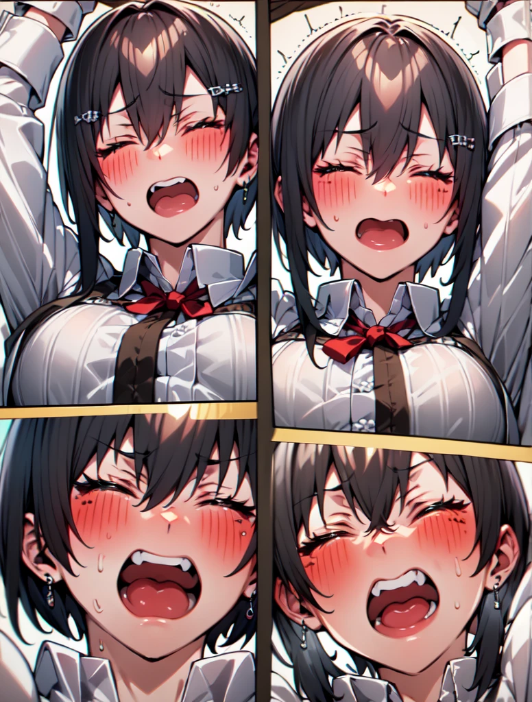 multiple views, front view,perspective, bottom-up angle, 1 anime-style girl, dark black hair, big breasts (((character design sheet, same character))), ((character concept art)), anime character design, highly detailed character design, maple story character art,((Best quality)), ((masterpiece)), ((highly intricate details)),beautiful, high quality, highres, absurdres, light difussion, intricate details, complex details, ((anime)), (anime:1.2) , (perfect face:1.3),colorful, highest detailed, vibrant colors, high contrast, (8K UHD:1.2), (photorealistic:1.2),(masterpiece:1.4), (best quality:1.4),extremely detailed wallpaper, highly detailed illustrations,(super-complex details) , 4K unified, (super-detailed CG: 1.2) , (8K: 1.2),(original), (masterpiece) , (best quality) , (reality: 1.3) , photorealistic, Octane rendering, (surreal: 1.2) ,((masterpiece:1.4, best quality:1.2)), anime 1girl, with green_eyes, short_hair, anime full body illustration, full body cgsociety, full body, full body illustration, sona is a slim, full body portrait of a short!, loish |, demon girl, black sketch, detailed_hair, detailed_natural_skin, close-up of a cartoon woman with dark hair, oppai proportions, seductive anime girl, full body zenkai!, oppai, biomechanical oppai, anime moe artstyle with big breasts, dark skin, very white skin, skin exposition, oppai proportions, different full body view, multiple poses, various poses, different poses, various pose, sprite sheet