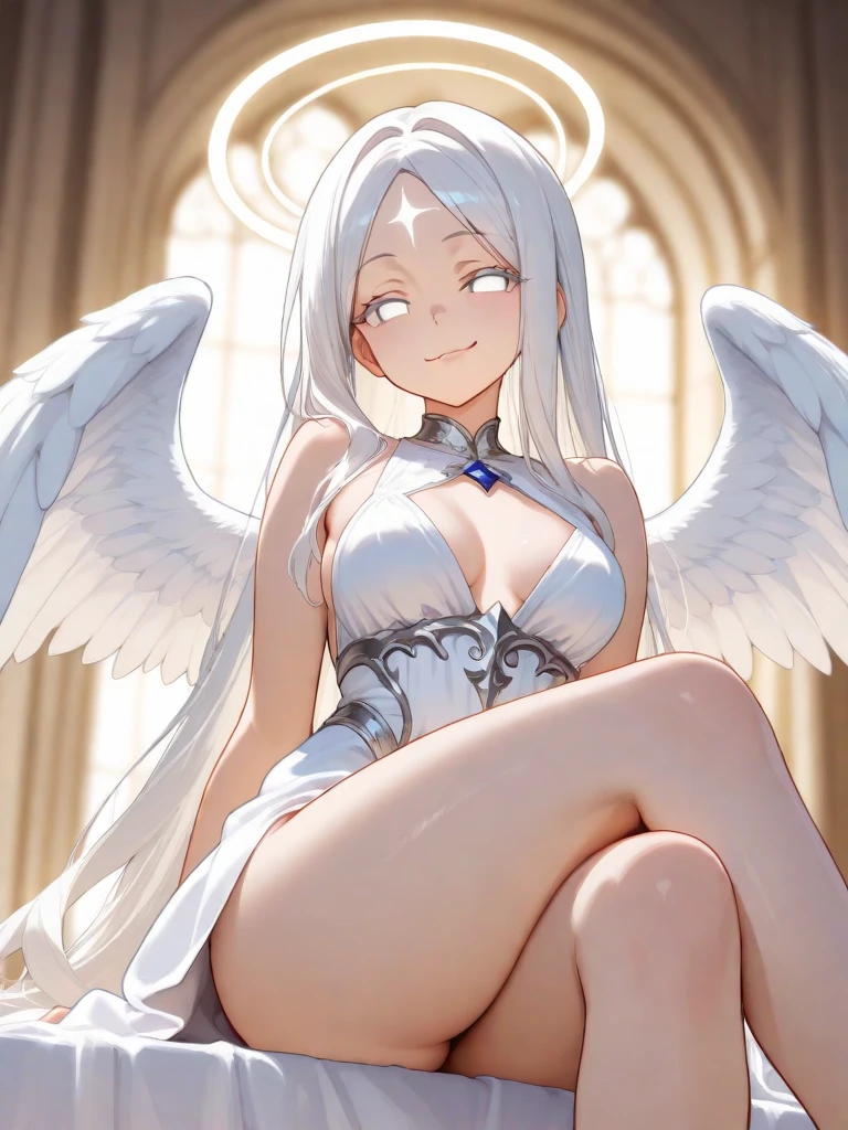 Anime Style, masterpiece: naked young woman nude, 20 years, perfect naked breasts, perfect nude hairy pussy, wings of angel, place is water inside white marfim themple, she smile, halo above her head, silver eyes, silver long hair