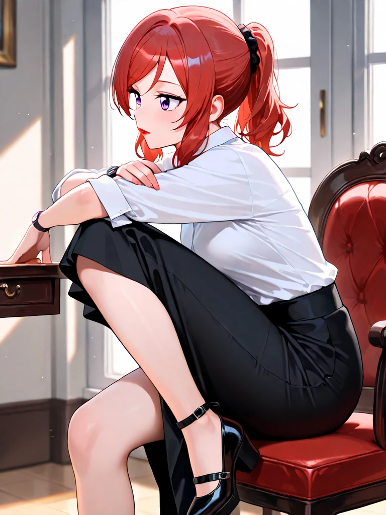 1girll，sitting the desk，Slender legs，black lence stockings，High heels hang down from your toes，Facing the audience，HighestQuali, highly  detailed ，Large breasts， Top knot， Medium hair， Crowded breasts，, , Kneel, raunchy,masterwork, HighestQuali, highly  detailed、white  shirt、black necktie、red hair，with his back to the viewer，Hips facing the viewer，big assa