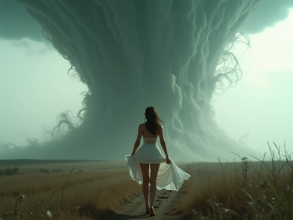Sexy girl from Kansas being thrown through the air by a massive tornado, long ginger hair, wind ripping her clothes off, massive busty breasts, very thicc butt and thighs, THICC, inside a tornado