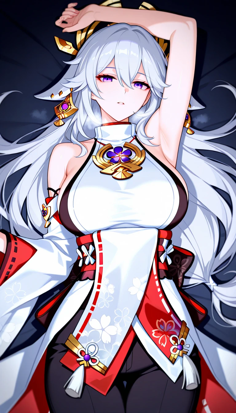 (Masterpiece), (Top Quality Anime Illustration), (Super Definition), One Girl, Solo, Beautiful Girl with Silver Hair, Anime Loli, Cat Ear Loli, Red and White Priestess Costume, Red and White Hakama, Lori Priestess, Smile, Cleavage Emphasis, Lower Breast Emphasis, Thighs, Tarot Card Style