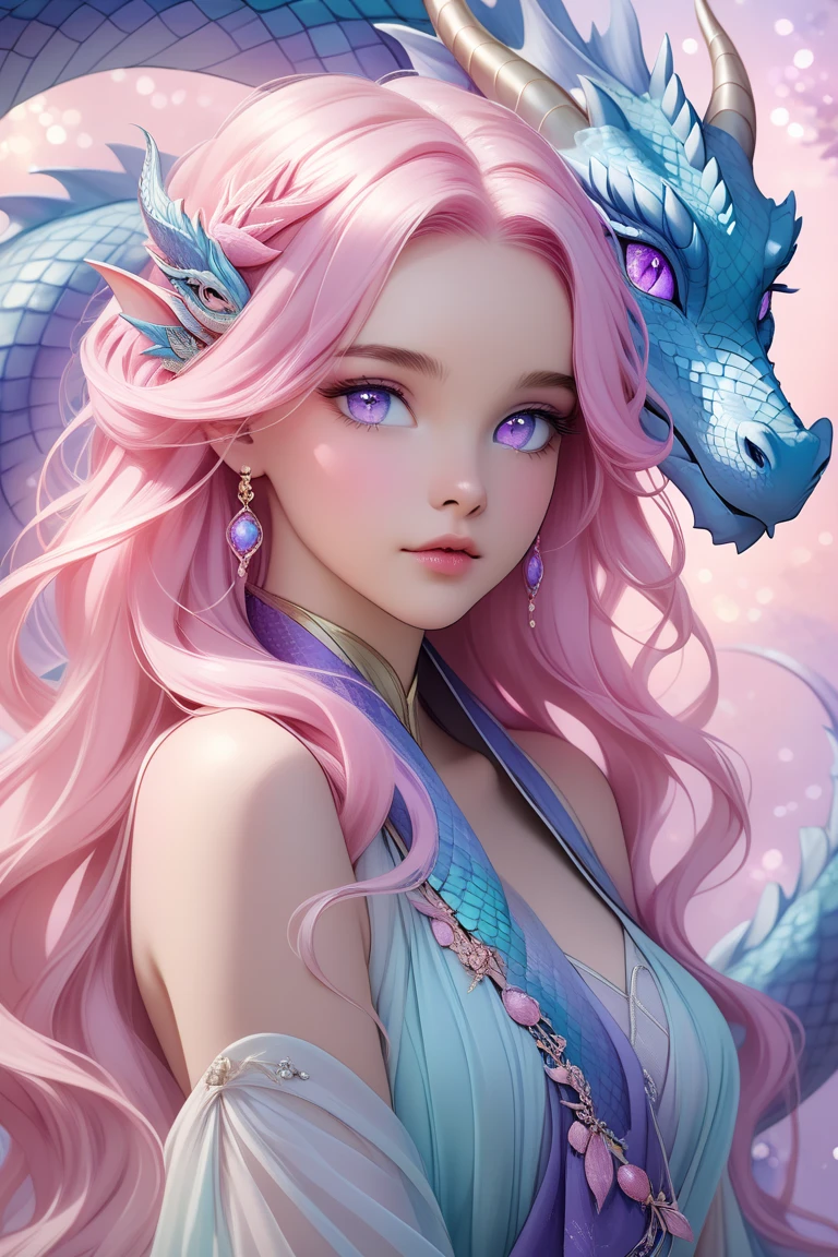 (masterpiece), (best quality), (ultra-detailed)gorgeous dragon, peaceful, innocent, tranquil, long flowing hair, liquid rococo fractal, fluid acrylic, pink hair, elegant gradients, intricate, octane render, depth, detailed eyes, incredibly detailed, hyperrealistic, WLOP, Rutkowski, fractal, in the style of Unreal Engine 5, realistic hyper-detail, is a high-definition illustration in 4K resolution, featuring highly detailed facial features and cartoon-style visuals.