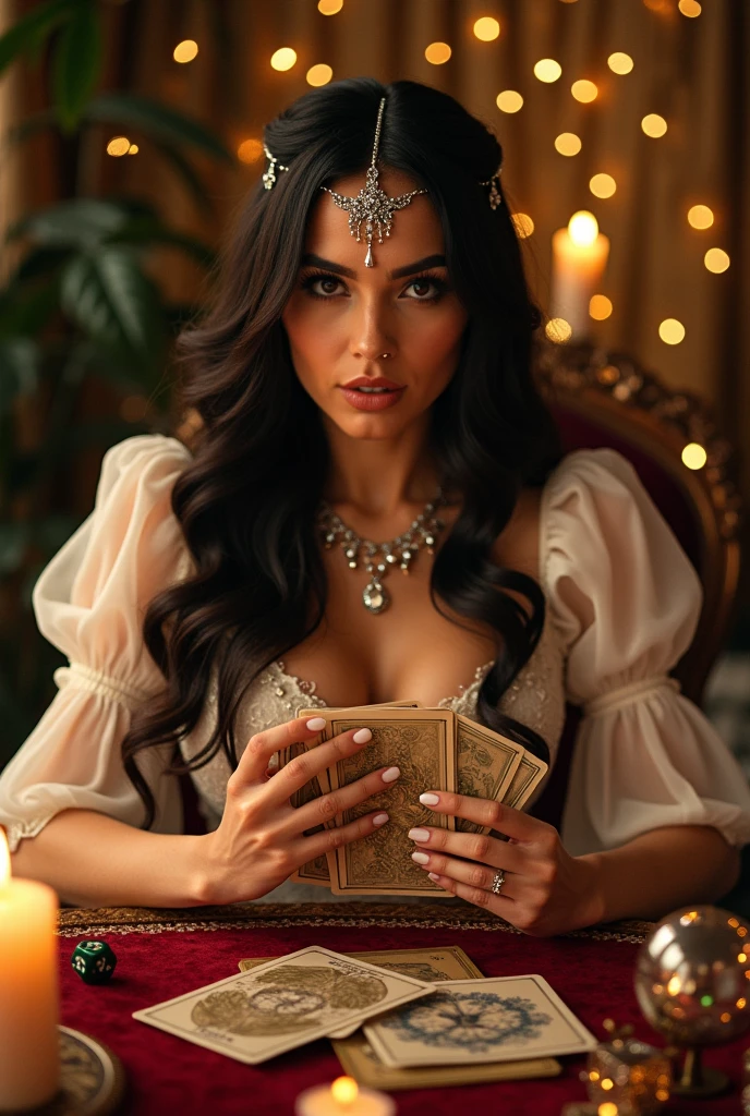 Make looks like a fortune teller woman, with tarot cards, crystals and candles.
