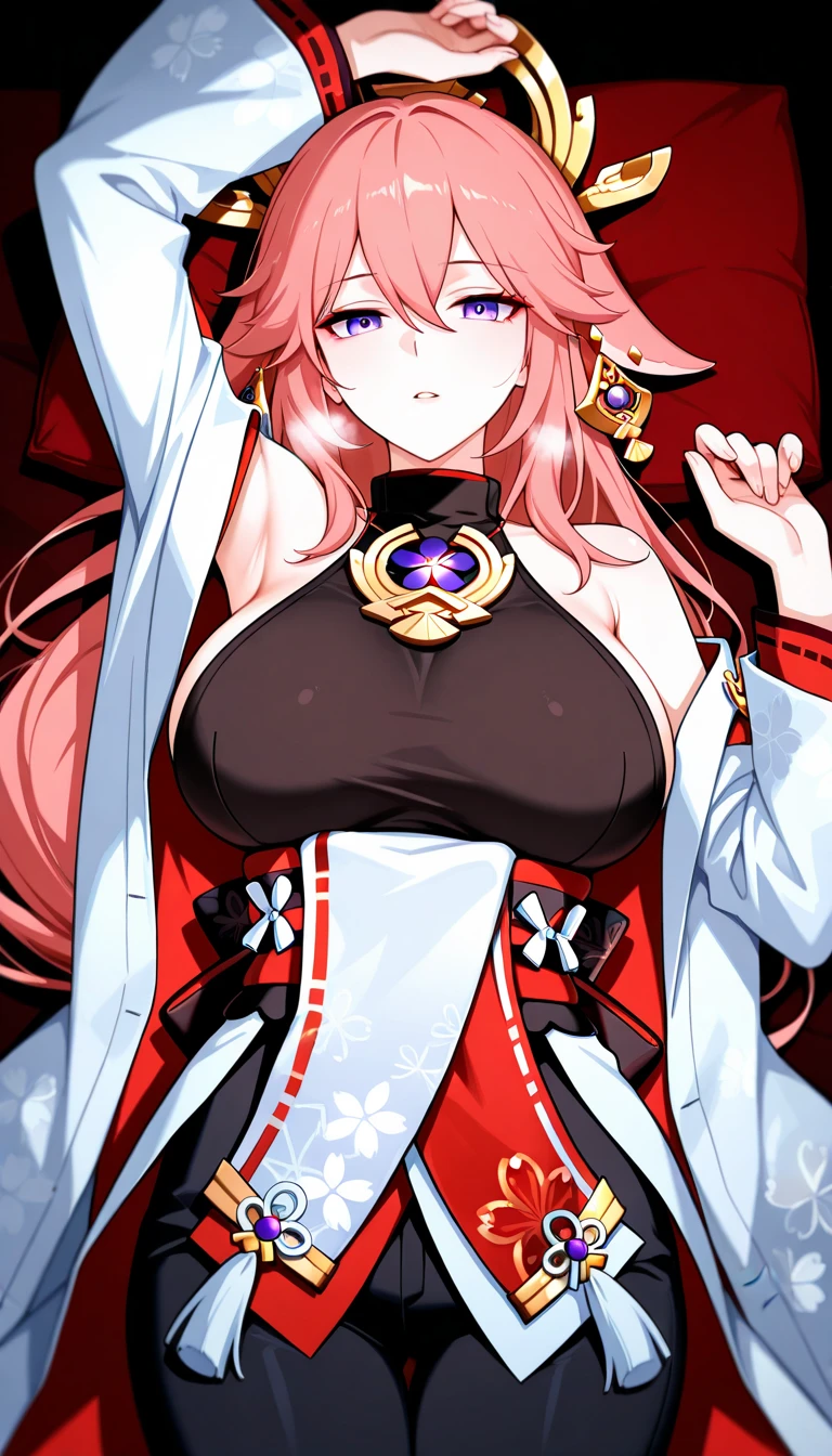 Realistic eyes, detailed shadow, view the viewer, Dog ears, Large breasts,cleavage,Lying in bed,white bed sheet