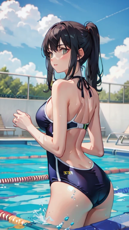 cute, Swimwear, Big breasts, I have long hair, Sparkling black hair, Wearing hair ornaments, Swimwearは明るいピンク, background, Pool, The summer clouds are reflected on the water surface and sparkle., 自分から見てPoolは30度傾いて配置される, 画面左下から右上にかけてPoolが描画される